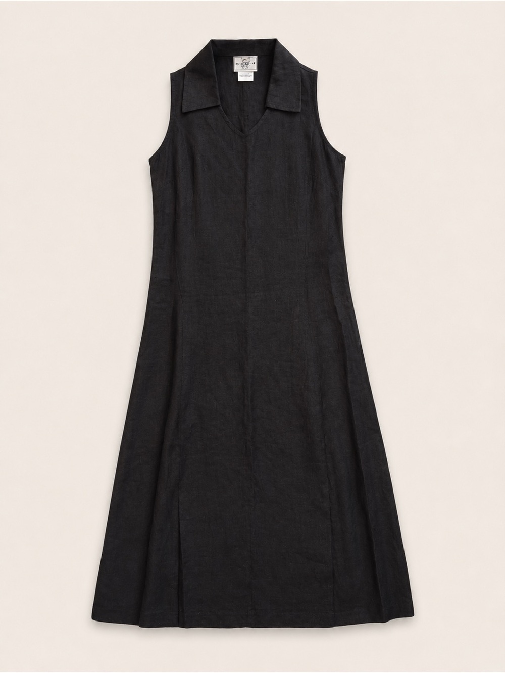 Vintage Linen Sleeveless Black Collared Midi Dress